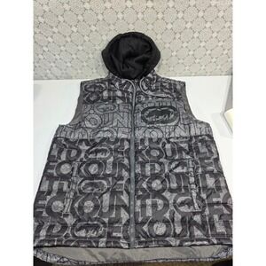 Ecko Unltd‎ Mens Puffer Vest Hooded Full Zip Graphic Print Black Gray Size XL